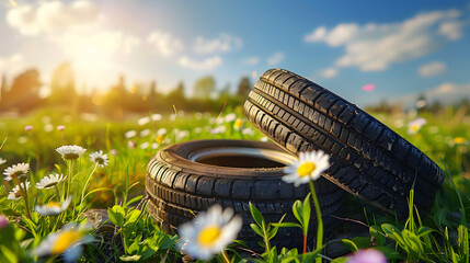 summer tires in the blooming spring in the sun - time for summer tires