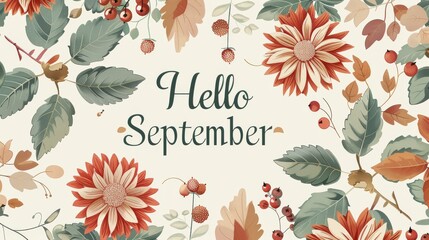 Inscription "Hello September". Vector of the month SEPTEMBER with dahlia flowers, autumn leaves and berries on a white background, illustration of the month of September