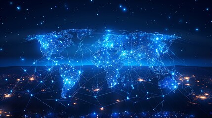 Fototapeta premium Illustration of an abstract world map on a dark background with glowing stars.