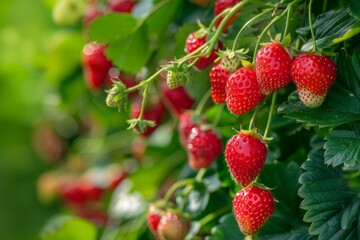 Juicy fresh ripe strawberries on a branch in nature outdoors close-up macro. Beautiful berries strawberries with leaves on a light green natural background. Generative AI
