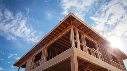 Wooden house frame construction on a blue sky background. Concept of home building and wood working. Created with Generative AI technology.