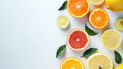 Top view of fresh organic citrus fruits whole and sliced on a white background with copy space promoting Vitamin C benefits
