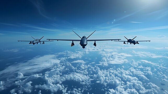 Three military drones flying in the blue sky