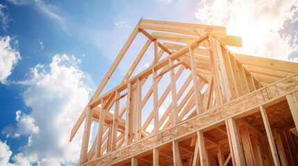 Wooden house frame construction on a blue sky background. Concept of home building and wood working. Created with Generative AI technology.