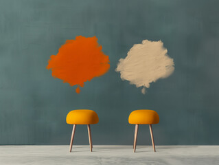 Two invisible talkers in side-by-side chairs with speech bubbles in cloudy forms. Dialog between two opinions