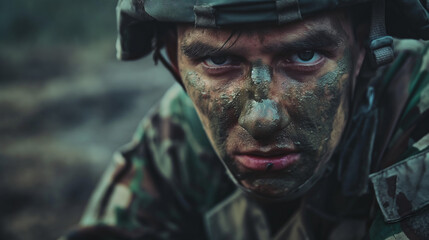 Fototapeta premium an army person's expression after a war, experiencing the pain of PTSD and the emotional and physical impact of post-traumatic stress disorder