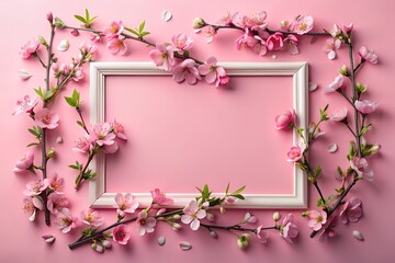 Obraz premium A frame made of pink flowers on a pink background