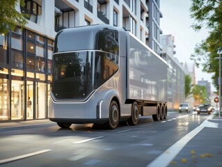 Obraz premium A modern electric truck driving through, symbolizing innovation and environmental responsibility in the commercial transport sector