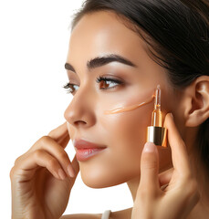 Young woman applying serum to her face, looking away on isolated transparent background
