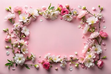 Obraz premium A frame made of pink and white flowers on a pink background