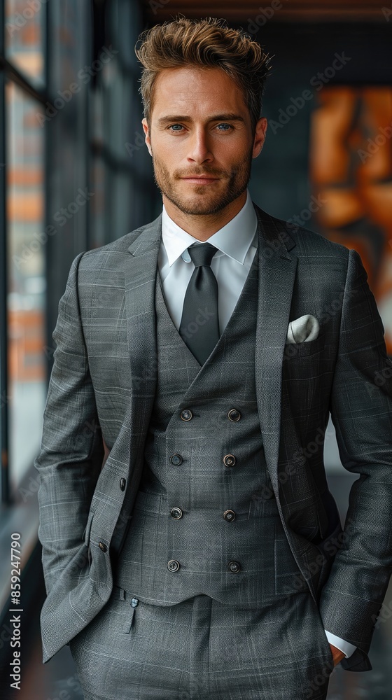 Poster an honest and trustworthy man, standing with a confident posture, dressed in a sharp suit. his eyes 