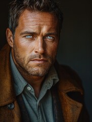 Obraz premium Close-up portrait of a man with intense blue eyes