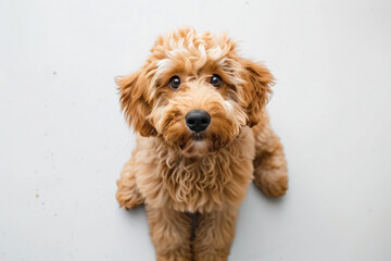 Fototapeta premium a dog sitting on a white surface looking up
