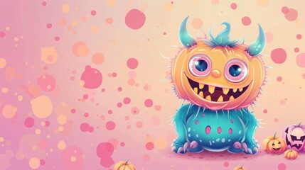Fototapeta premium Cute Halloween with small monster on pink spotted background