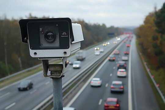 A highway speed camera captures cars driving on a multi-lane highway.