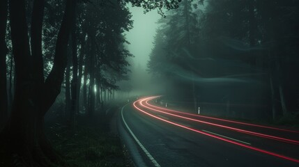 Forest road with red light trails in foggy night, mysterious ambience. Night long exposure photography concept