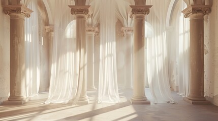 Sunlit Classical Interior with Draped Curtains