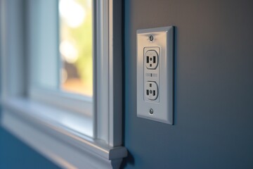 Naklejka premium A close-up photo of a new, white electrical outlet installed in a room with a window in the background.