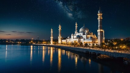 Muslim mosque with river in front, atmosphere of the mosque at night, Muslim place of worship, mosque, prayer, Ramadan, Muslims