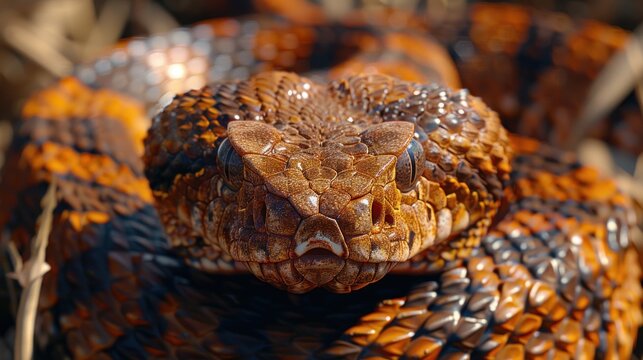 A copperhead snake stares directly at the camera with its intense gaze