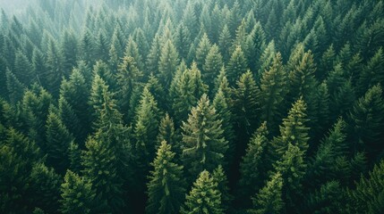 Obraz premium Aerial view of dense pine forest stretching to the horizon, providing ample space for text overlay.