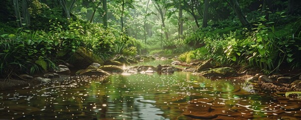 Obraz premium Serene forest stream with lush greenery and dappled sunlight