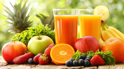 Fresh Fruit Juice and Healthy Fruits on Wooden Table.