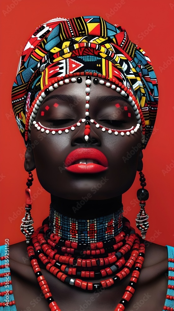 Canvas Prints Elegant Tribal African Portrait with Intricate Facial Adornments and Jewelry in Minimalist Modern Style