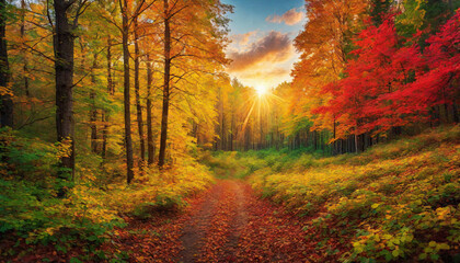 Obraz premium Autumn forest landscape, orange golden foliage, fall wallpaper