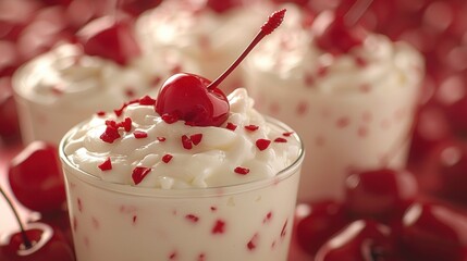 Close-up of a creamy dessert topped with a cherry