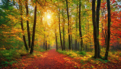 Obraz premium Autumn forest landscape, orange golden foliage, fall wallpaper