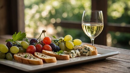 Glass of prosecco next to white plate filled with grapes, cheese, bread. Classic pairing for light and refreshing summer snack. National Prosecco Day