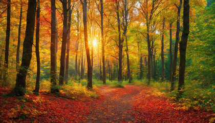 Obraz premium Autumn forest landscape, orange golden foliage, fall wallpaper