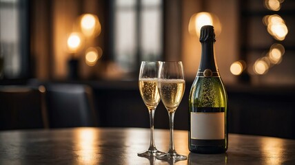 Bottle of champagne and two elegant flutes on wooden bar table with blurred background of warm lights. National Prosecco Day concept