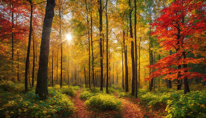 Obraz premium Autumn forest landscape, orange golden foliage, fall wallpaper