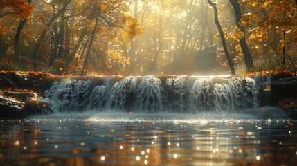 Fototapeta premium A waterfall cascades through a tranquil forest, bathed in golden sunlight