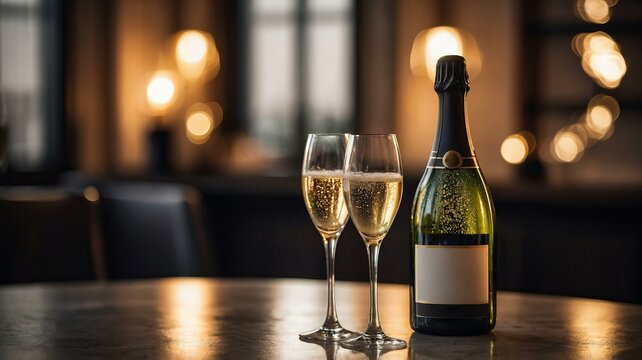 Bottle of champagne and two elegant flutes on wooden bar table with blurred background of warm lights. National Prosecco Day concept