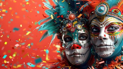 Whimsical South American Carnival Poster with Masked Performers,Feathered Headdresses,and Vibrant Confetti Explosions