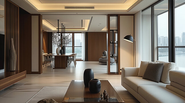 The living room is decorated in a new Chinese style, set in a high-rise environment with a design-oriented aesthetic. Elements include sofas, dining tables, and coffee tables. Generative AI.