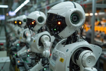 Fototapeta premium Row of White Robots in an Industrial Setting
