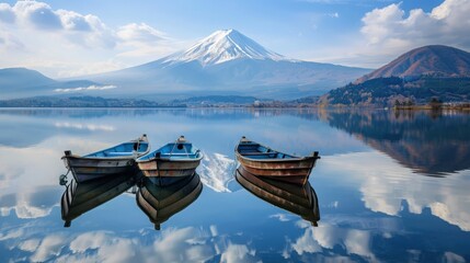 Obraz premium Lake Kawaguchi Boating Boats on Lake Kawaguchi with a clear view of Mt Fuji