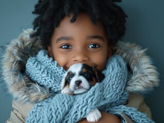 A young girl with a warm smile holds a puppy close in a cozy blue scarf