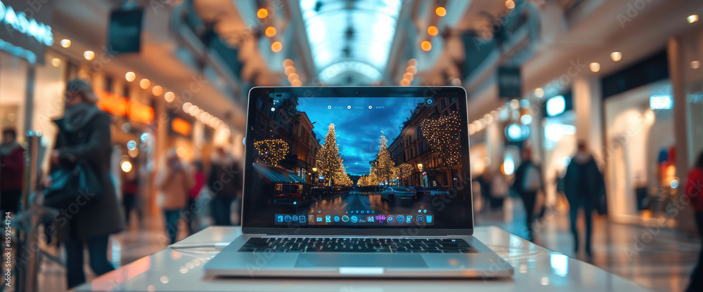 Aufkleber laptop placed on a table in a shopping mall. generative ai.