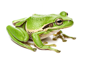 Obraz premium a green frog sitting on top of a white surface