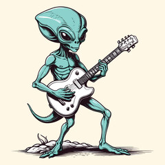 Alien Rockstar Playing Guitar Cartoon Illustration