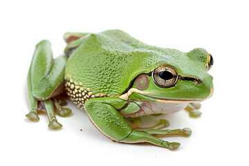 Obraz premium a green frog sitting on top of a white surface