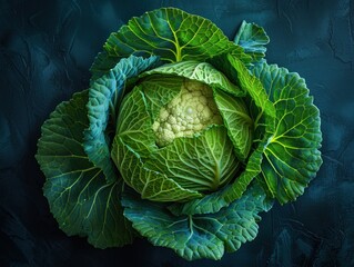 Fototapeta premium A single head of green cabbage with a white cauliflower center on a dark blue background