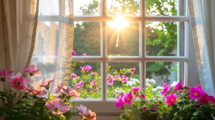 Fototapeta premium Sunlit Flower Garden Through Window with Morning Light and Blooming Pink Flowers