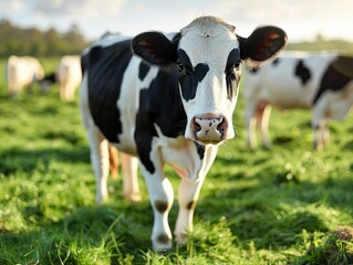 A black and white cow stands in a field of green grass, looking directly at the camera