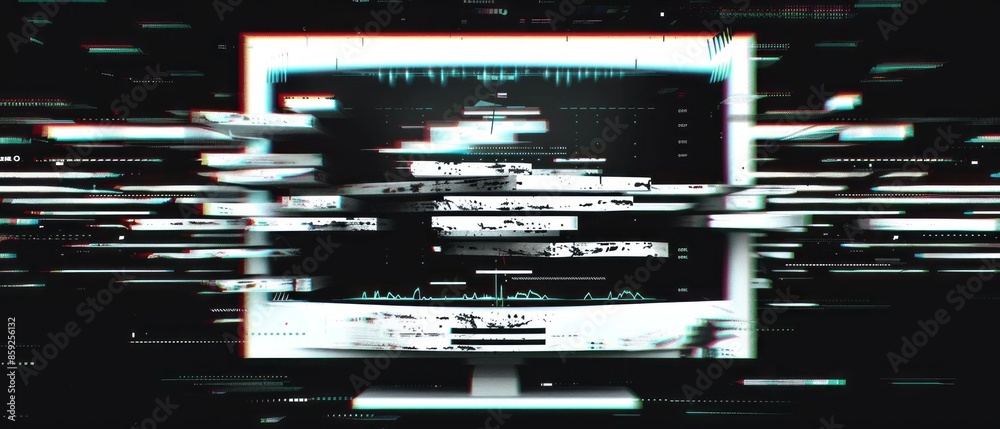 Poster glitching computer screen with static and distorted lines